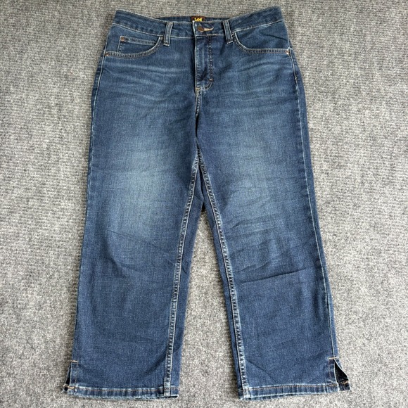 Lee Denim - Lee Womens Size 10 Dark Wash Stretch Capri Jeans Straight Leg Side Slit